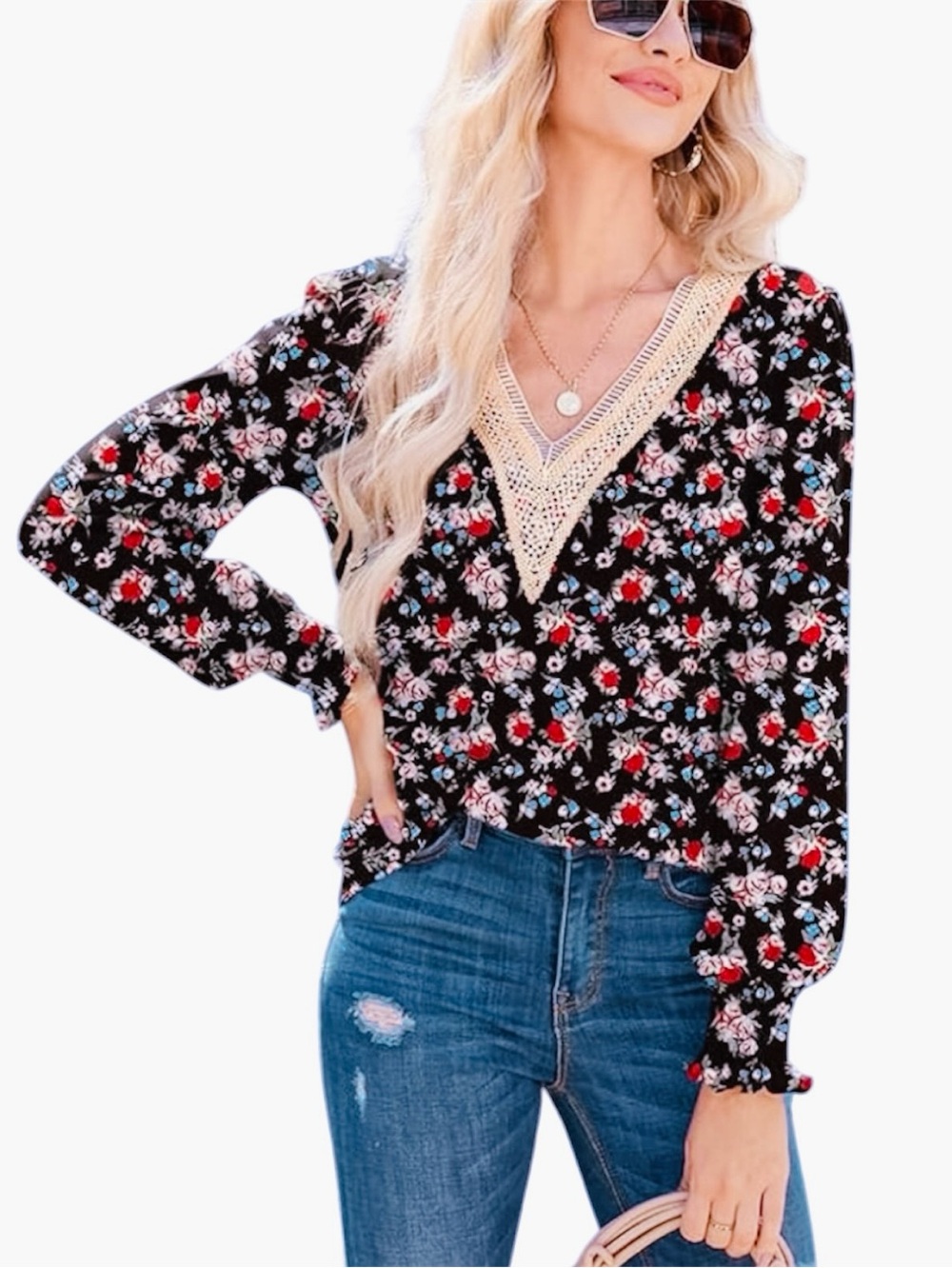Naggoo Floral Lace Trim Long Sleeve Blouse with Smocked Cuffs Black NWT